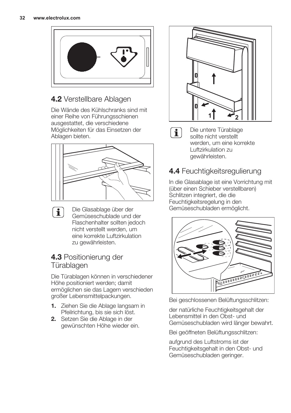 2 verstellbare ablagen, 3 positionierung der türablagen, 4 feuchtigkeitsregulierung | Electrolux ERN2301AOW User Manual | Page 32 / 68