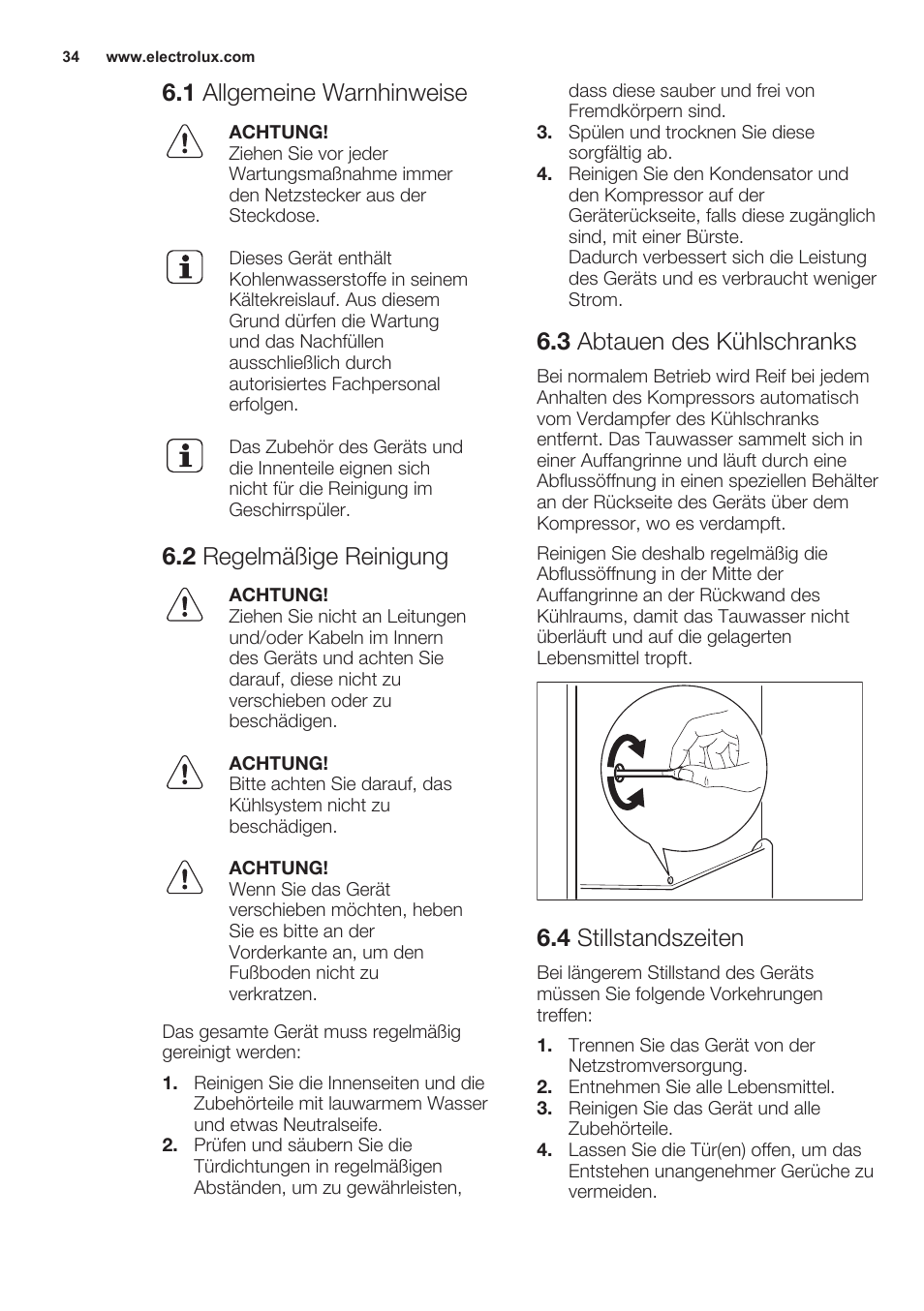 1 allgemeine warnhinweise, 2 regelmäßige reinigung, 3 abtauen des kühlschranks | 4 stillstandszeiten | Electrolux ERN2301AOW User Manual | Page 34 / 68