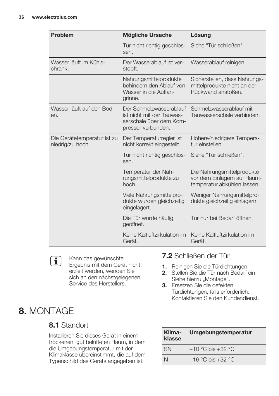 2 schließen der tür, Montage, 1 standort | Electrolux ERN2301AOW User Manual | Page 36 / 68