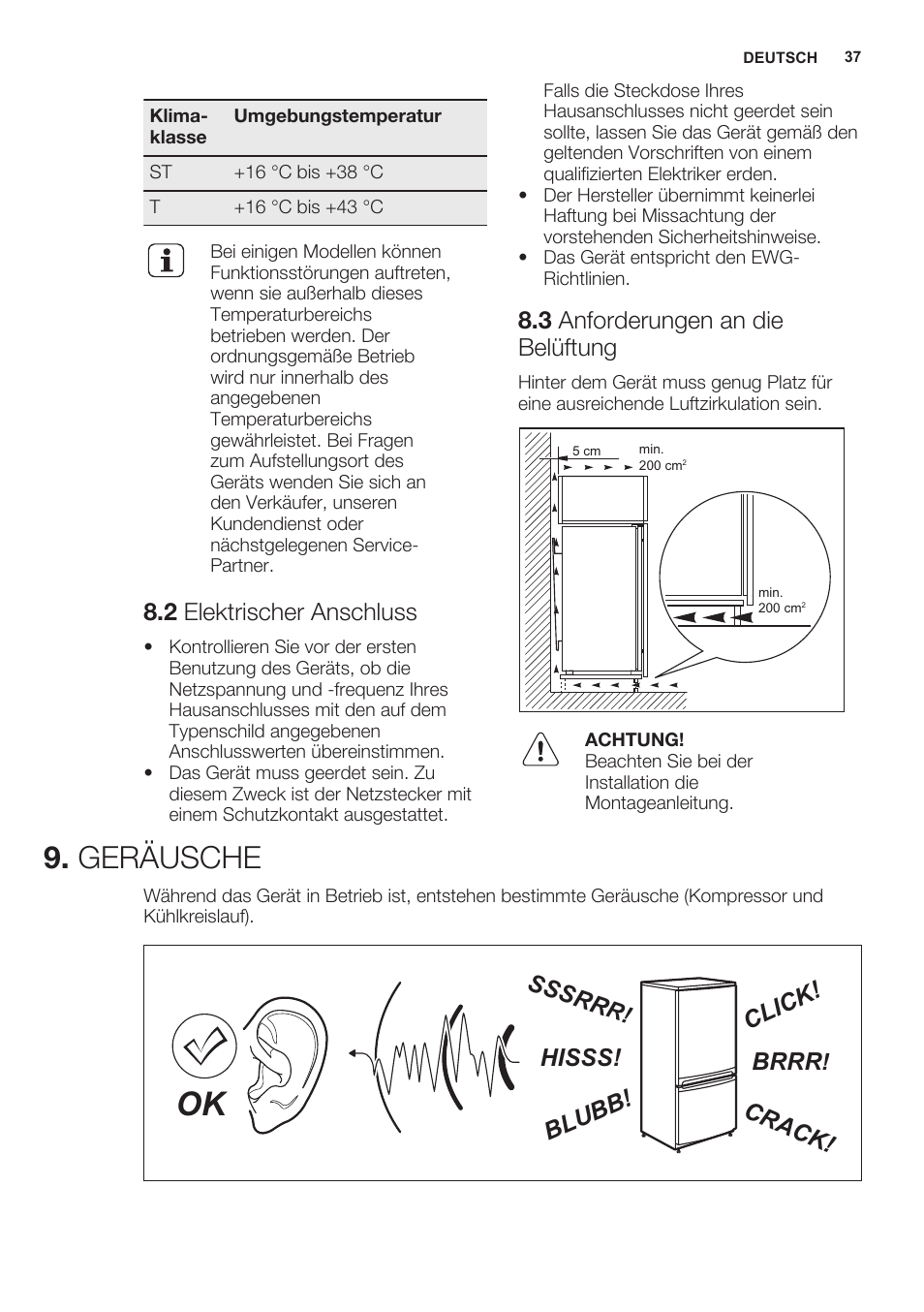 2 elektrischer anschluss, 3 anforderungen an die belüftung, Geräusche | Brrr, Hisss! cl ic k! bl ub b! cr ac k! sssr r | Electrolux ERN2301AOW User Manual | Page 37 / 68