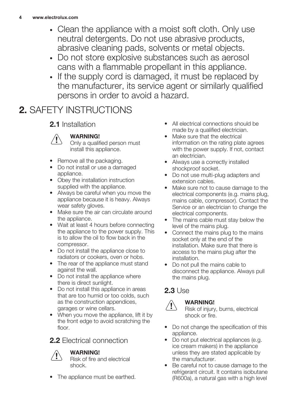 Safety instructions, 1 installation, 2 electrical connection | 3 use | Electrolux ERN2301AOW User Manual | Page 4 / 68