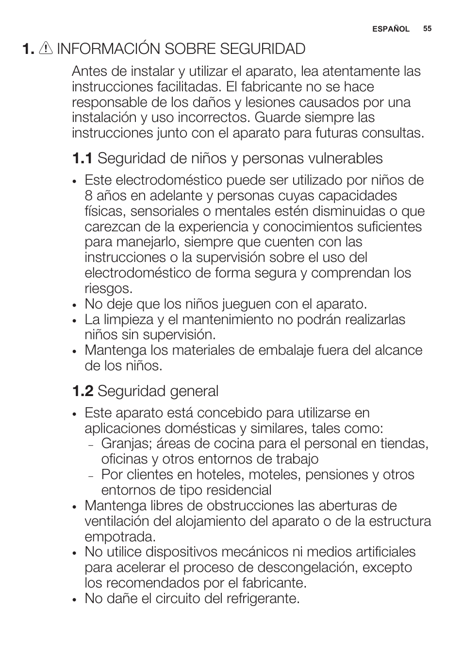 Información sobre seguridad, 1 seguridad de niños y personas vulnerables, 2 seguridad general | Electrolux ERN2301AOW User Manual | Page 55 / 68