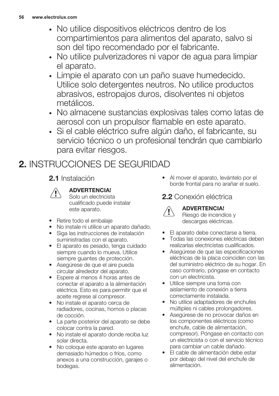 Instrucciones de seguridad, 1 instalación, 2 conexión eléctrica | Electrolux ERN2301AOW User Manual | Page 56 / 68