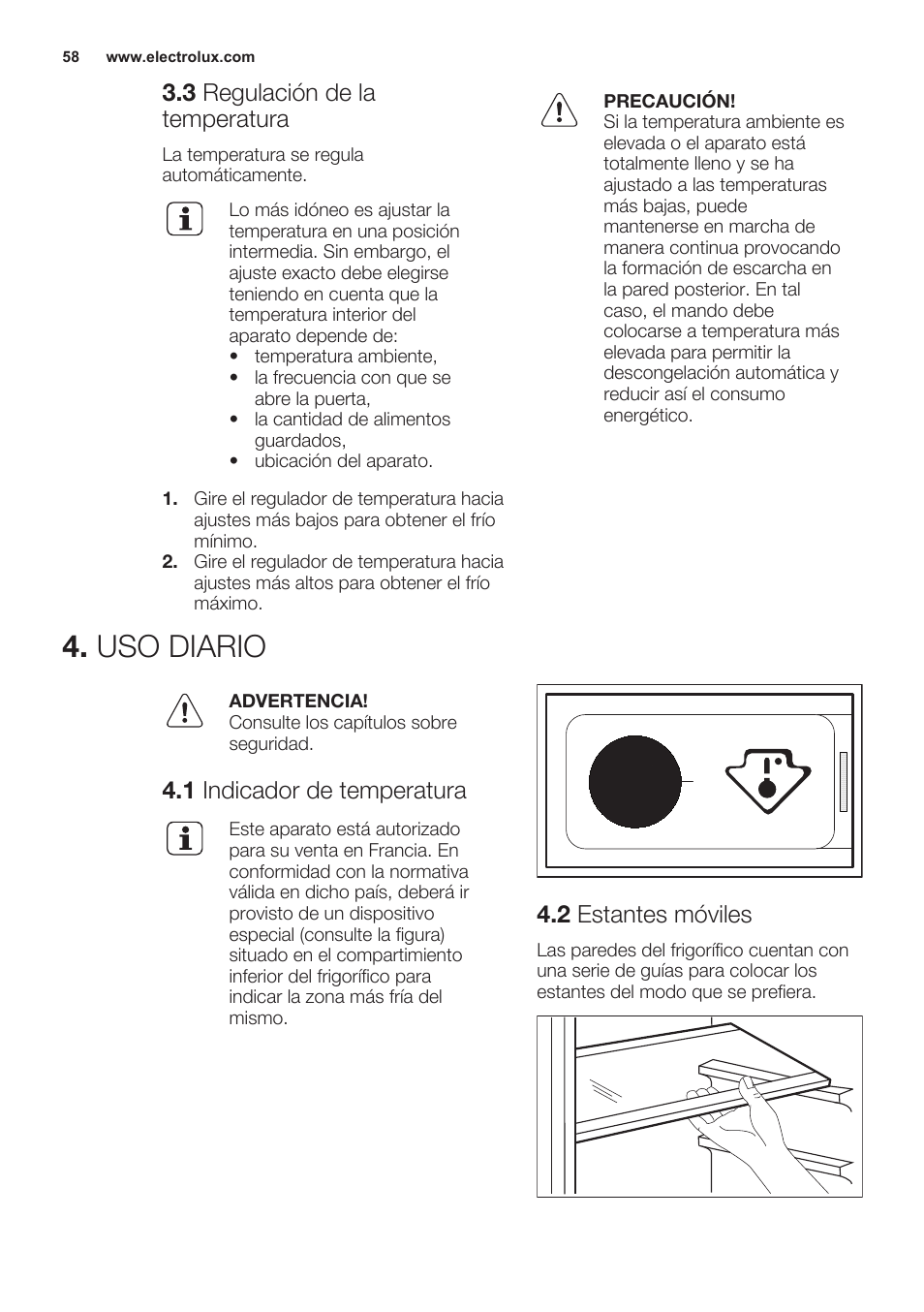 3 regulación de la temperatura, Uso diario, 1 indicador de temperatura | 2 estantes móviles | Electrolux ERN2301AOW User Manual | Page 58 / 68