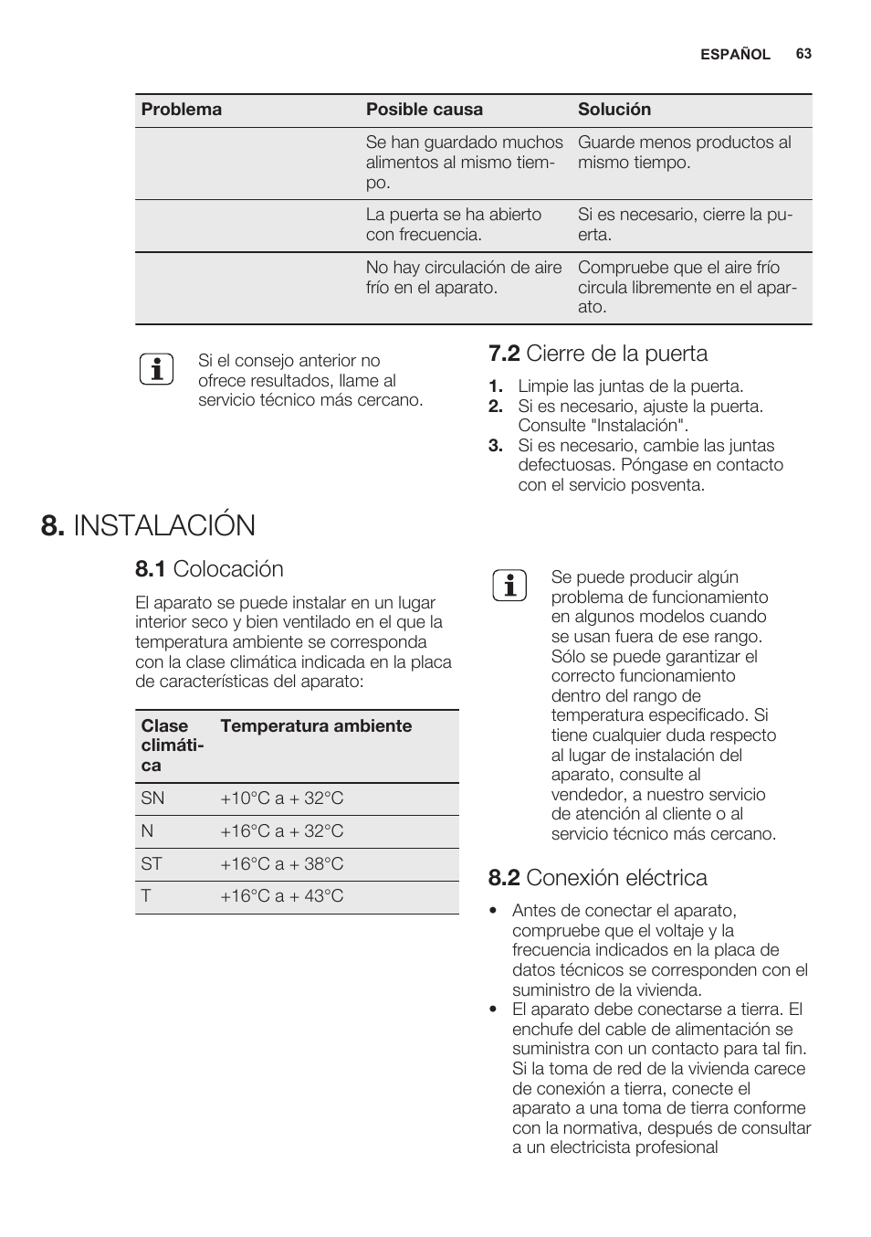 2 cierre de la puerta, Instalación, 1 colocación | 2 conexión eléctrica | Electrolux ERN2301AOW User Manual | Page 63 / 68