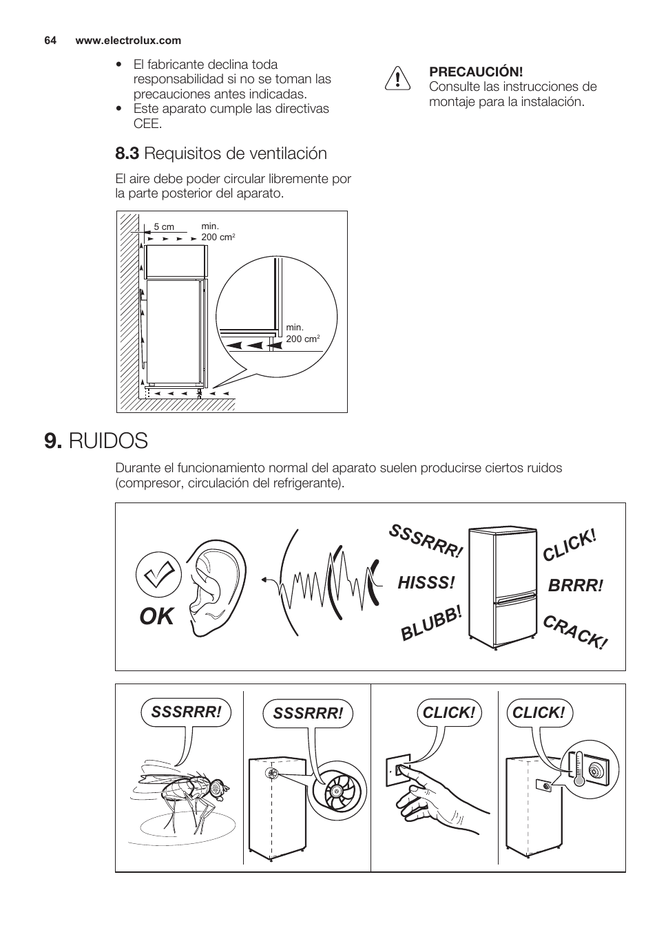 3 requisitos de ventilación, Ruidos, Brrr | Hisss! cl ic k! bl ub b! cr ac k! sssr r | Electrolux ERN2301AOW User Manual | Page 64 / 68