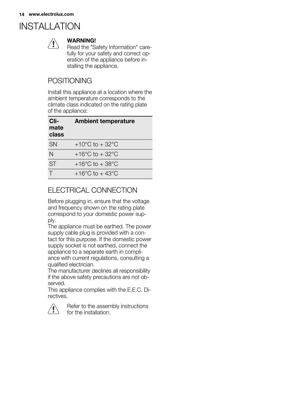 Installation | Electrolux ERN2201FOW User Manual | Page 14 / 88