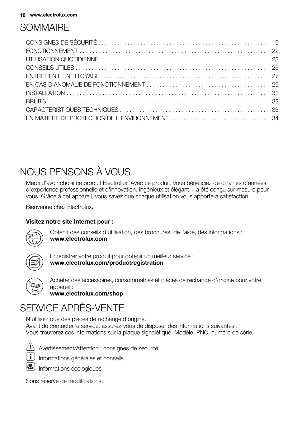 Sommaire, Nous pensons à vous, Service après-vente | Electrolux ERN2201FOW User Manual | Page 18 / 88