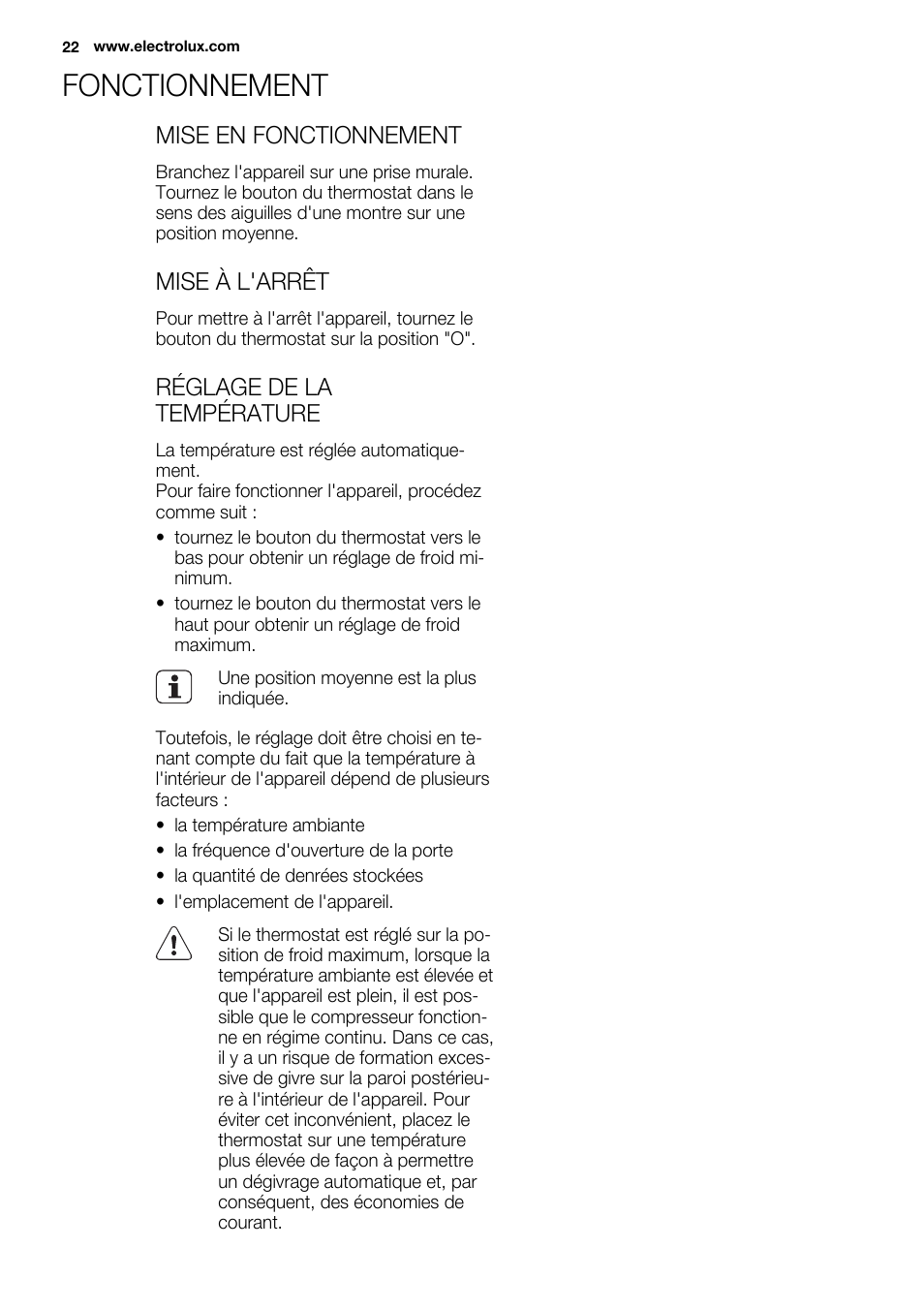 Fonctionnement | Electrolux ERN2201FOW User Manual | Page 22 / 88