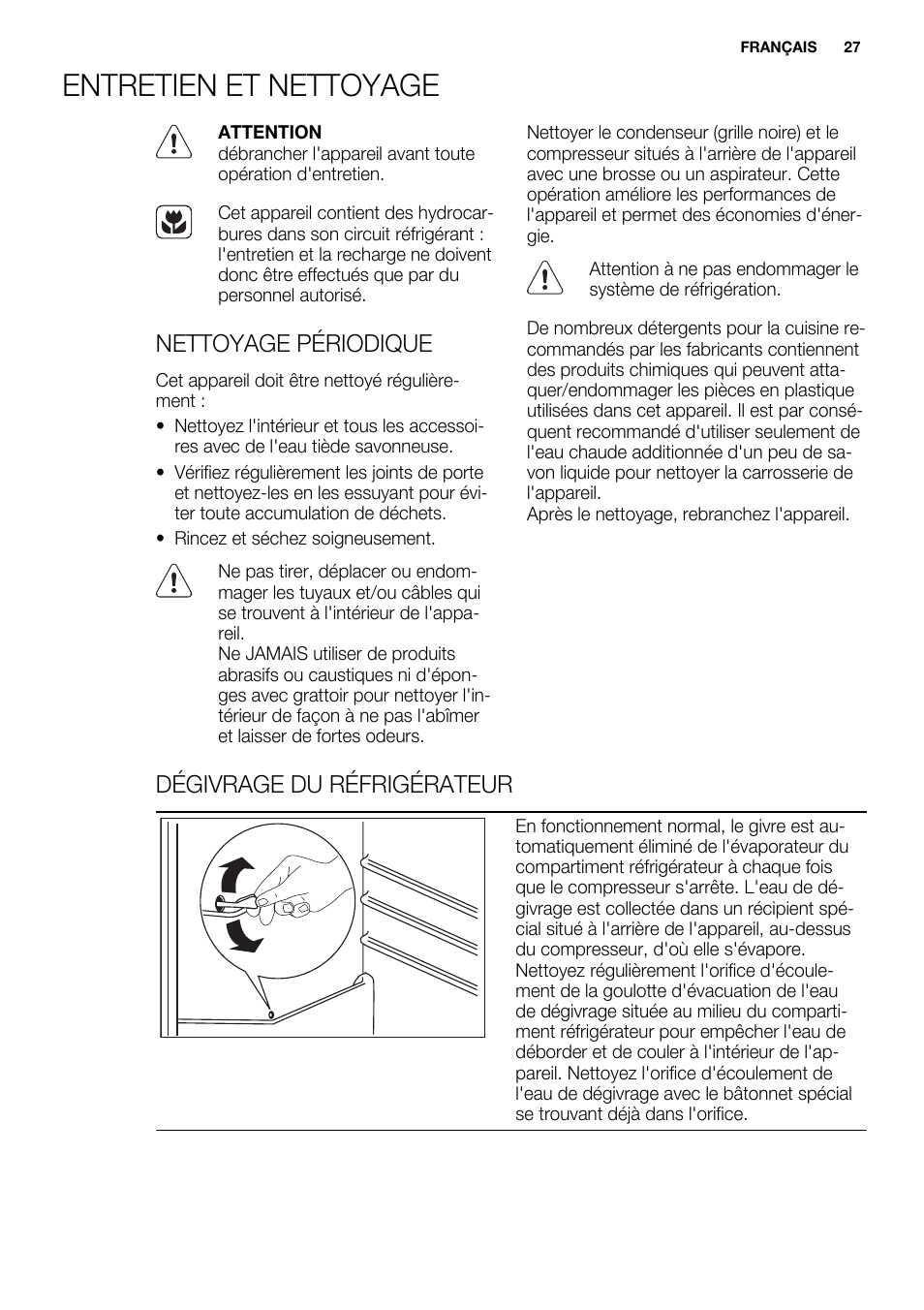 Entretien et nettoyage, Nettoyage périodique, Dégivrage du réfrigérateur | Electrolux ERN2201FOW User Manual | Page 27 / 88