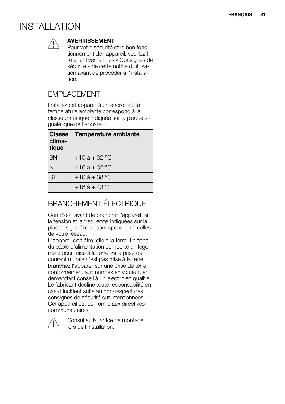 Installation, Emplacement, Branchement électrique | Electrolux ERN2201FOW User Manual | Page 31 / 88