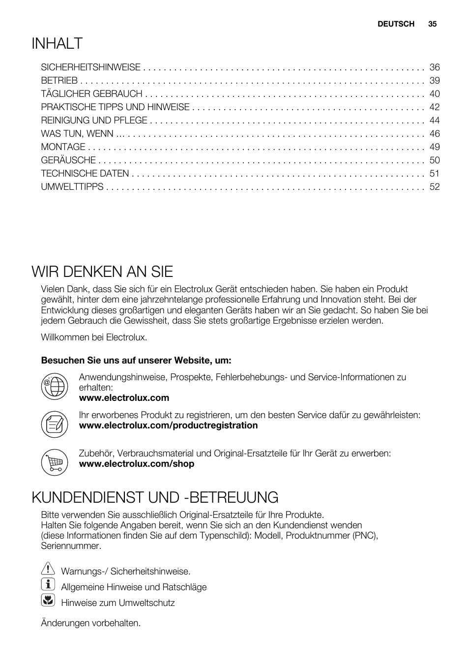 Inhalt, Wir denken an sie, Kundendienst und -betreuung | Electrolux ERN2201FOW User Manual | Page 35 / 88