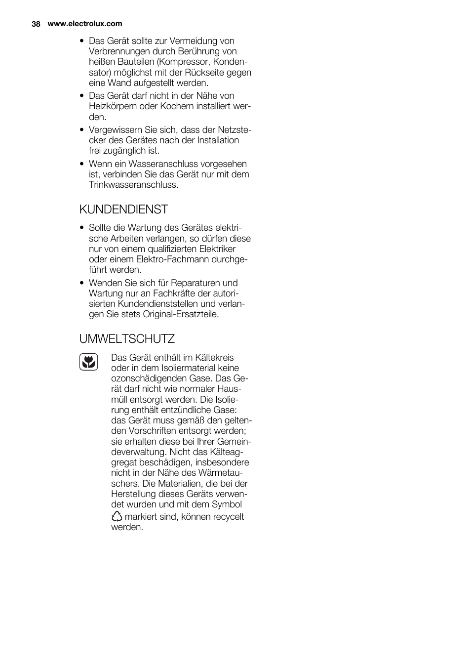 Kundendienst, Umweltschutz | Electrolux ERN2201FOW User Manual | Page 38 / 88