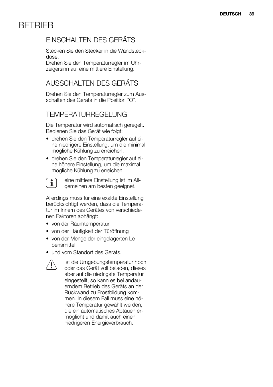 Betrieb, Einschalten des geräts, Ausschalten des geräts | Temperaturregelung | Electrolux ERN2201FOW User Manual | Page 39 / 88