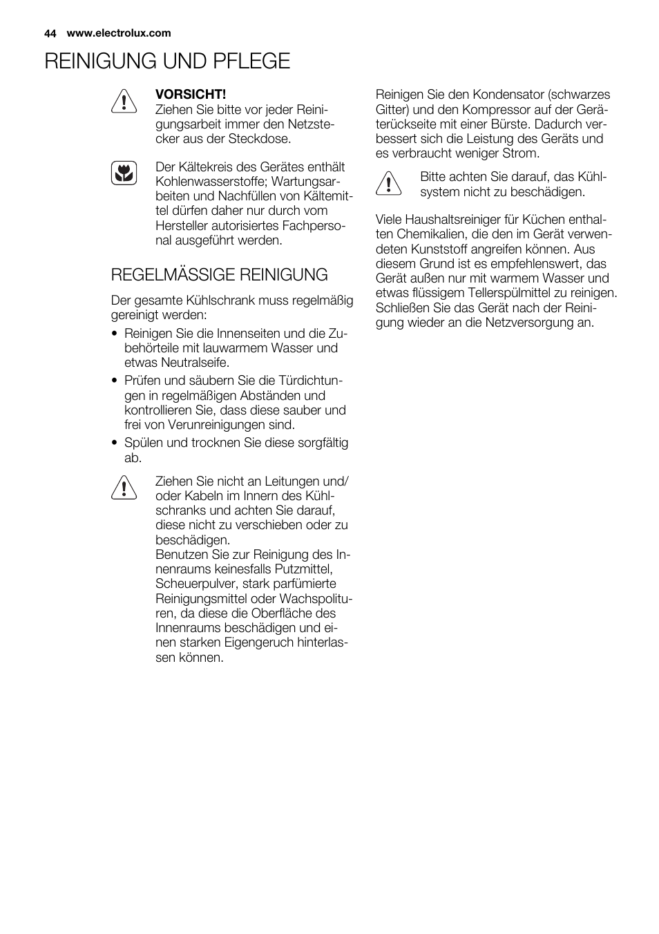 Reinigung und pflege, Regelmässige reinigung | Electrolux ERN2201FOW User Manual | Page 44 / 88