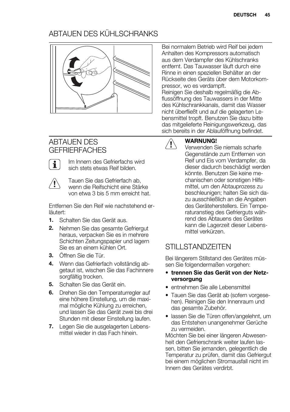 Abtauen des kühlschranks, Abtauen des gefrierfaches, Stillstandzeiten | Electrolux ERN2201FOW User Manual | Page 45 / 88