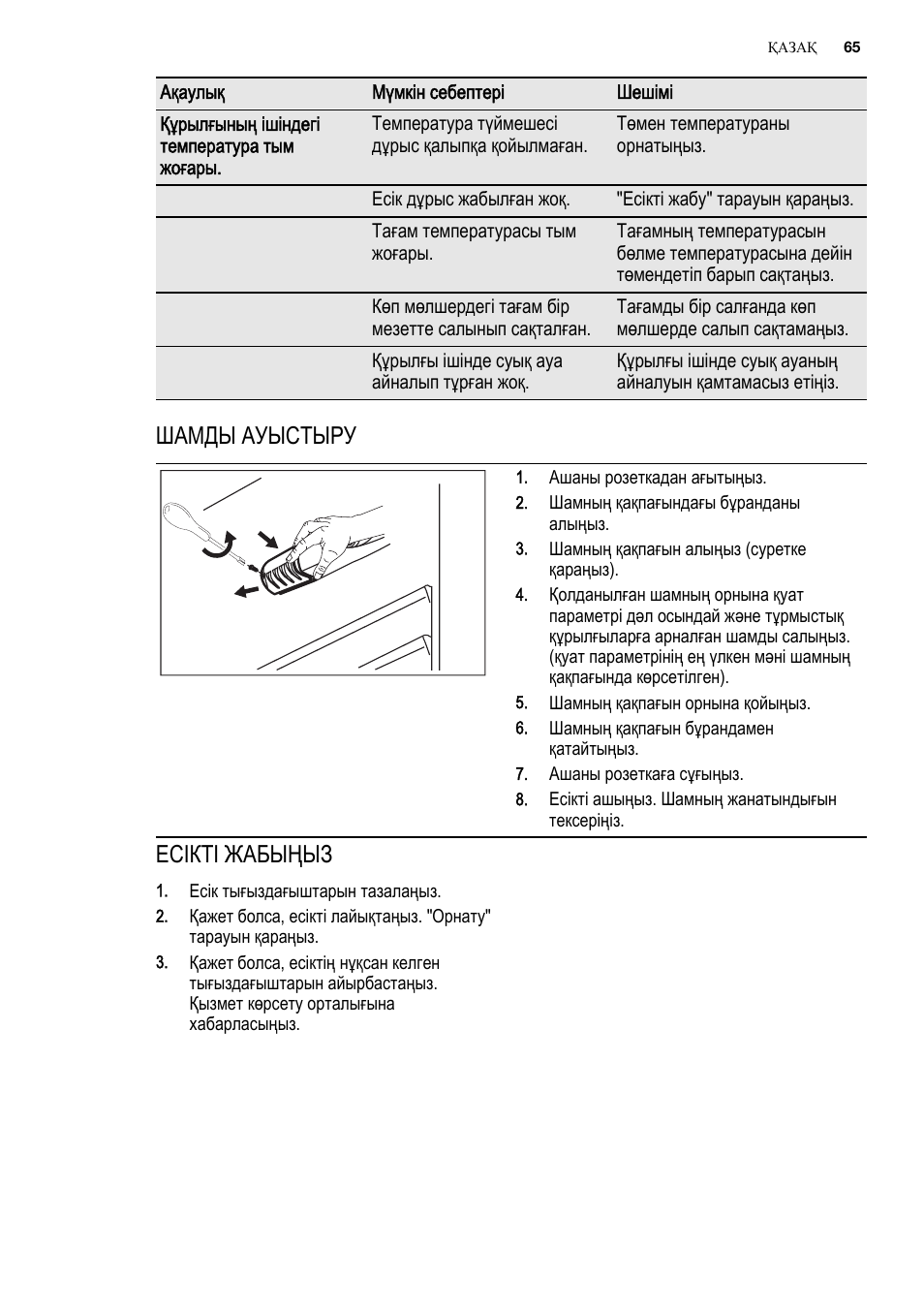 Шамды ауыстыру, Есікті жабыңыз | Electrolux ERN2201FOW User Manual | Page 65 / 88