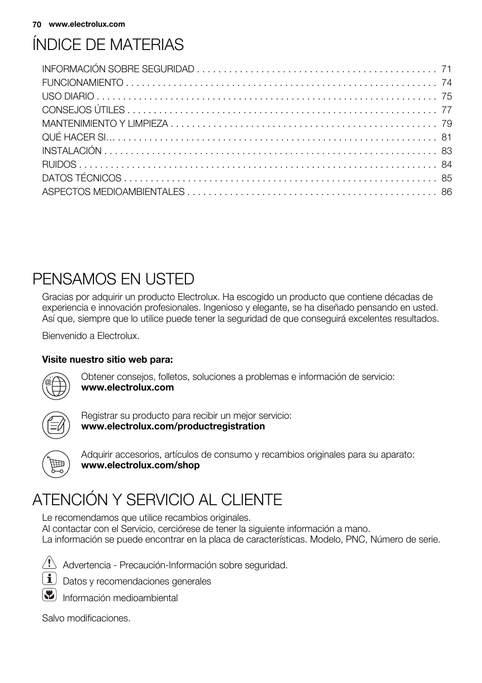 Índice de materias, Pensamos en usted, Atención y servicio al cliente | Electrolux ERN2201FOW User Manual | Page 70 / 88