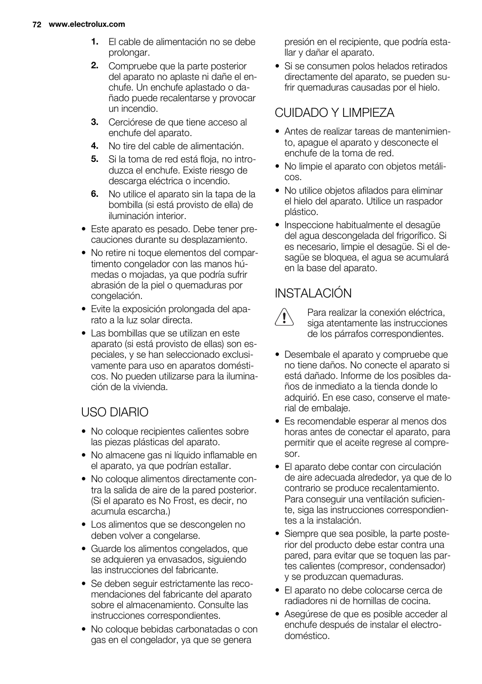 Uso diario, Cuidado y limpieza, Instalación | Electrolux ERN2201FOW User Manual | Page 72 / 88