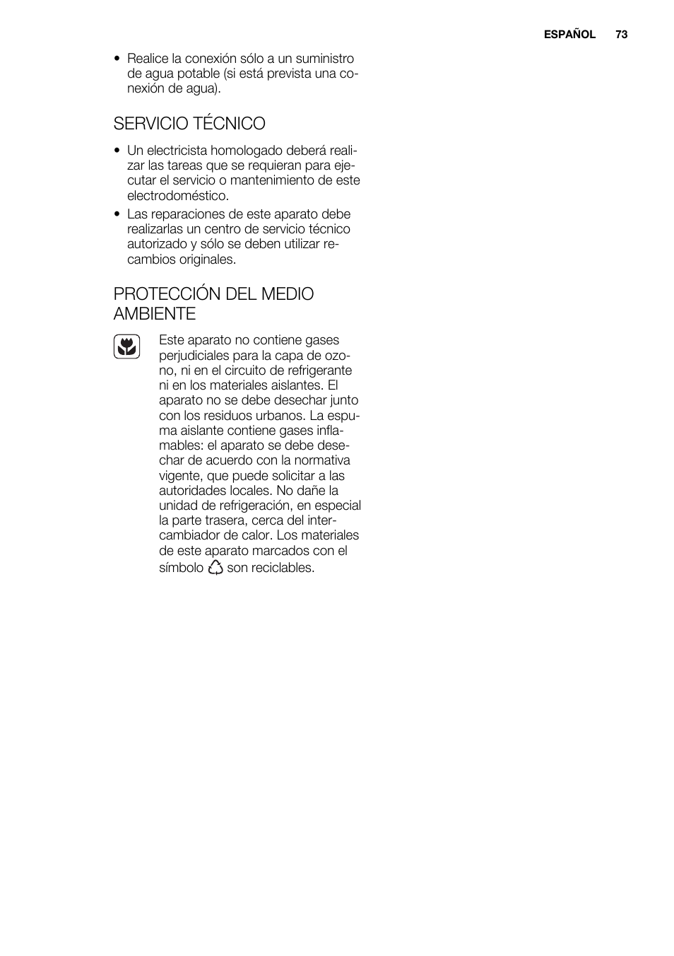 Servicio técnico, Protección del medio ambiente | Electrolux ERN2201FOW User Manual | Page 73 / 88