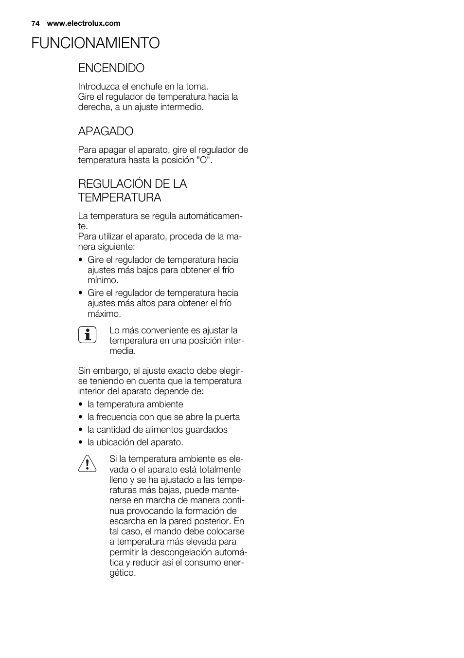 Funcionamiento | Electrolux ERN2201FOW User Manual | Page 74 / 88