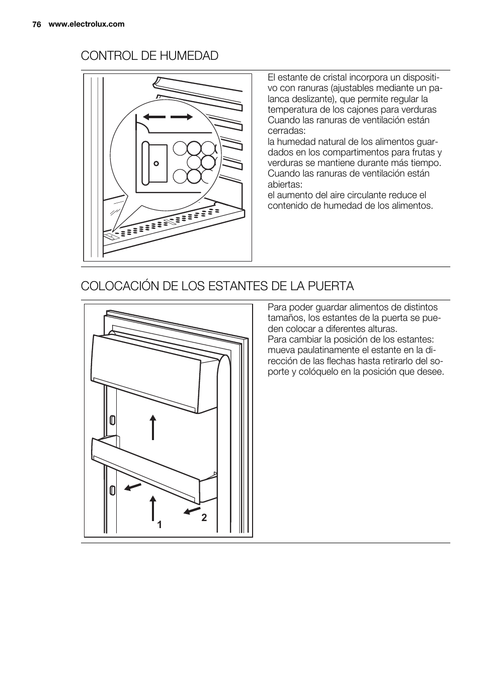 Control de humedad, Colocación de los estantes de la puerta | Electrolux ERN2201FOW User Manual | Page 76 / 88