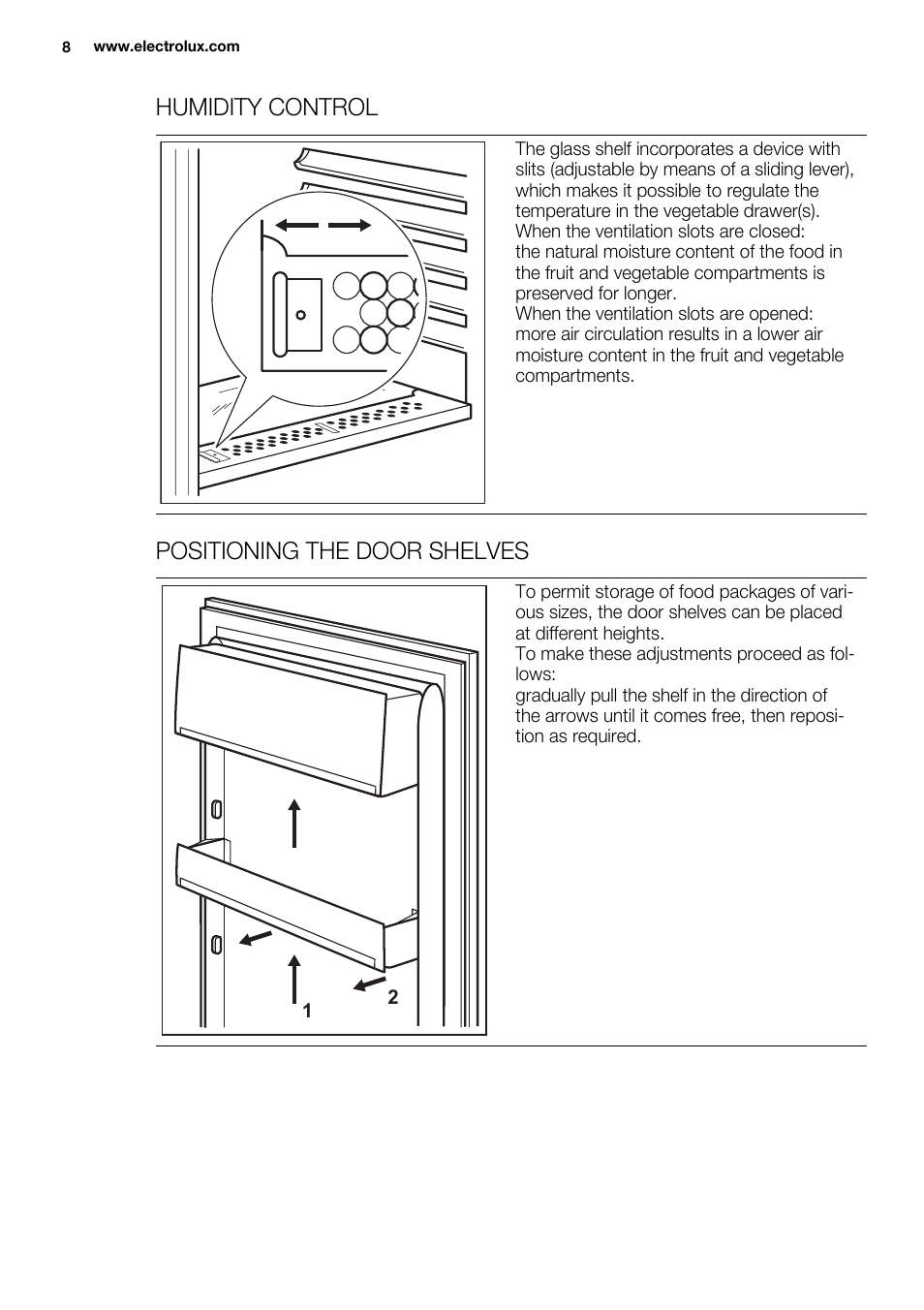 Humidity control, Positioning the door shelves | Electrolux ERN2201FOW User Manual | Page 8 / 88