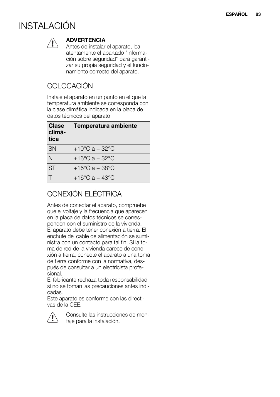 Instalación, Colocación, Conexión eléctrica | Electrolux ERN2201FOW User Manual | Page 83 / 88