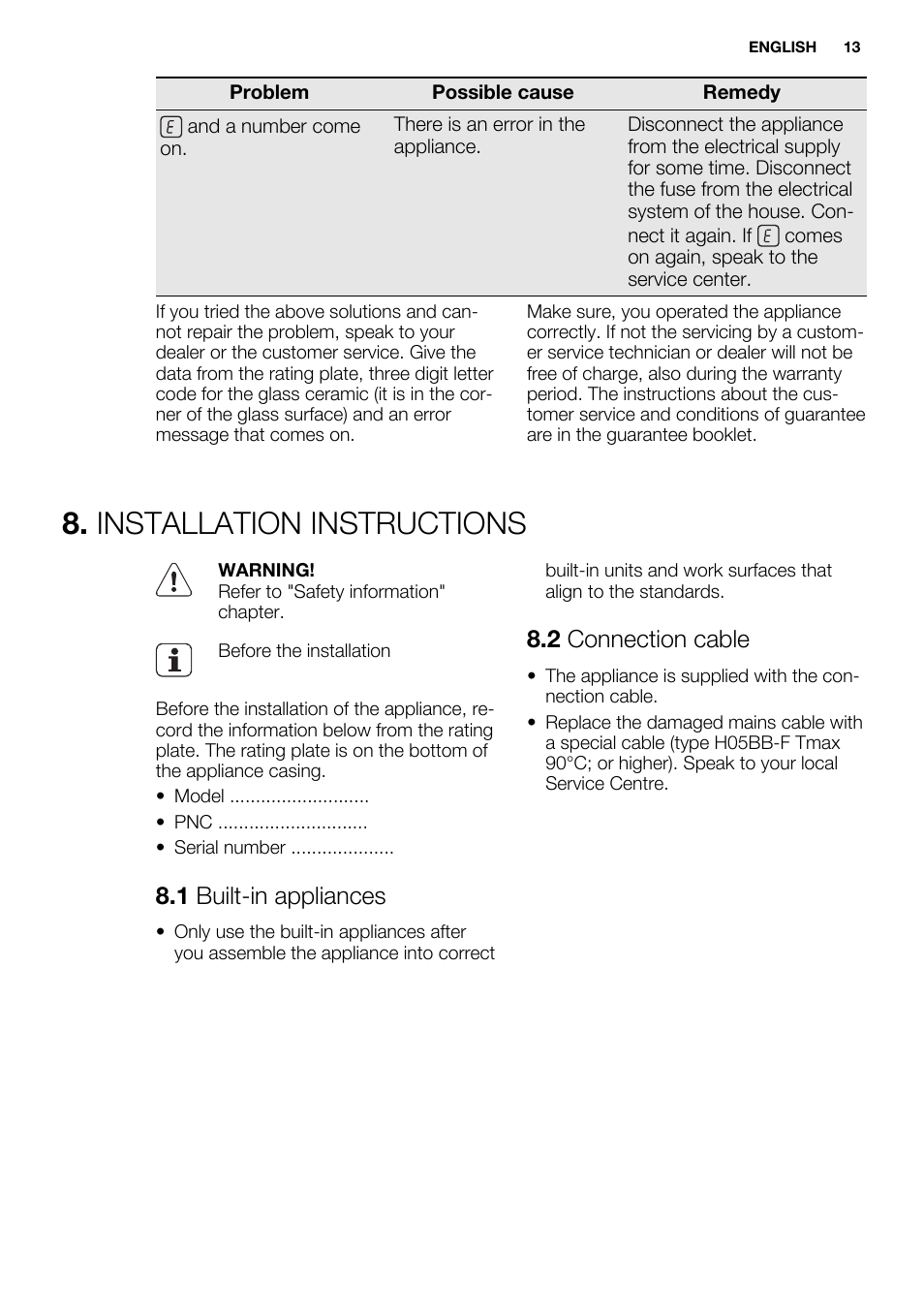 Installation instructions, 1 built-in appliances, 2 connection cable | Electrolux EHF6747FOK User Manual | Page 13 / 76