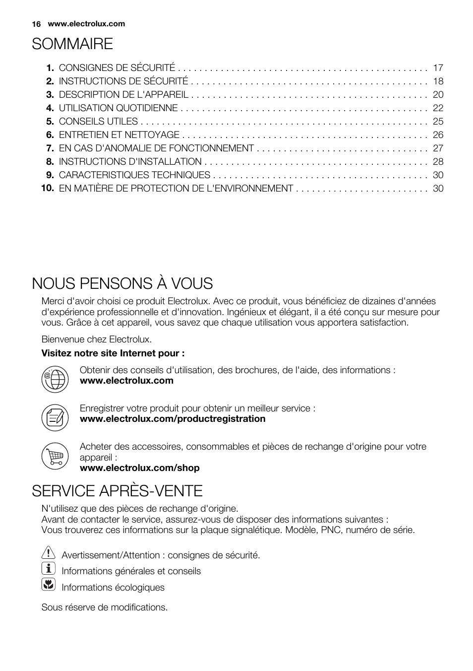 Sommaire, Nous pensons à vous, Service après-vente | Electrolux EHF6747FOK User Manual | Page 16 / 76