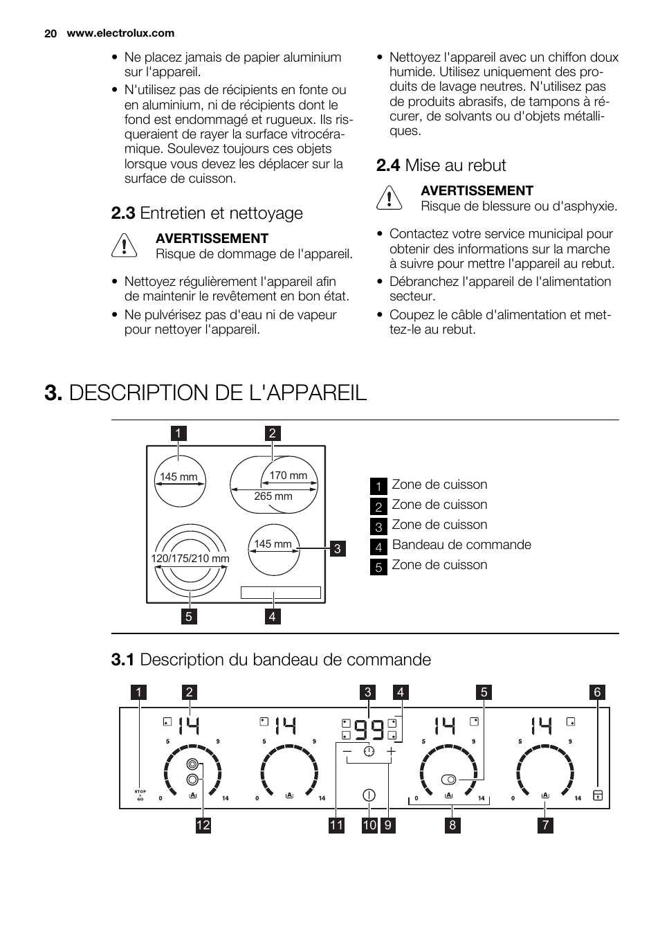 Description de l'appareil, 3 entretien et nettoyage, 4 mise au rebut | 1 description du bandeau de commande | Electrolux EHF6747FOK User Manual | Page 20 / 76