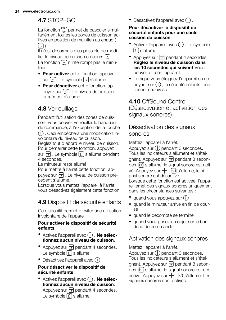 7 stop+go, 8 verrouillage, 9 dispositif de sécurité enfants | Activation des signaux sonores | Electrolux EHF6747FOK User Manual | Page 24 / 76