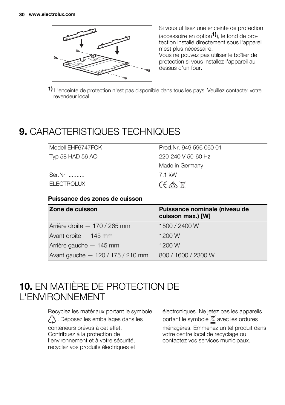 Caracteristiques techniques, En matière de protection de l'environnement | Electrolux EHF6747FOK User Manual | Page 30 / 76