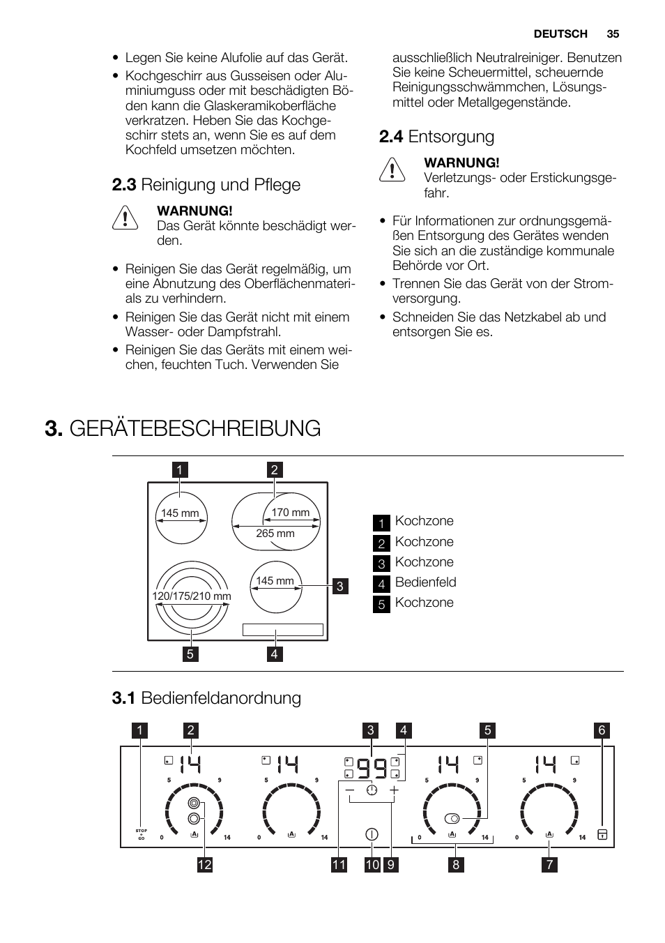 Gerätebeschreibung, 3 reinigung und pflege, 4 entsorgung | 1 bedienfeldanordnung | Electrolux EHF6747FOK User Manual | Page 35 / 76