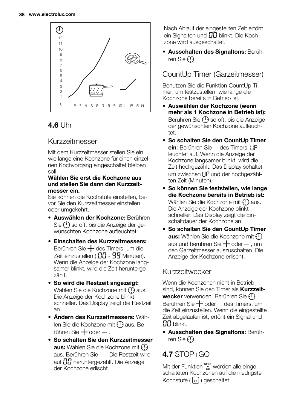 6 uhr kurzzeitmesser, Countup timer (garzeitmesser), Kurzzeitwecker | 7 stop+go | Electrolux EHF6747FOK User Manual | Page 38 / 76