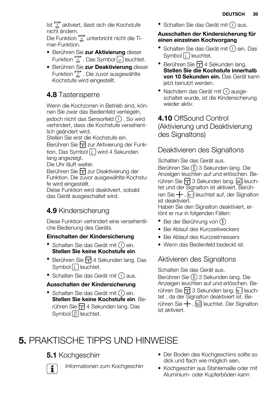 Praktische tipps und hinweise, 8 tastensperre, 9 kindersicherung | Aktivieren des signaltons, 1 kochgeschirr | Electrolux EHF6747FOK User Manual | Page 39 / 76