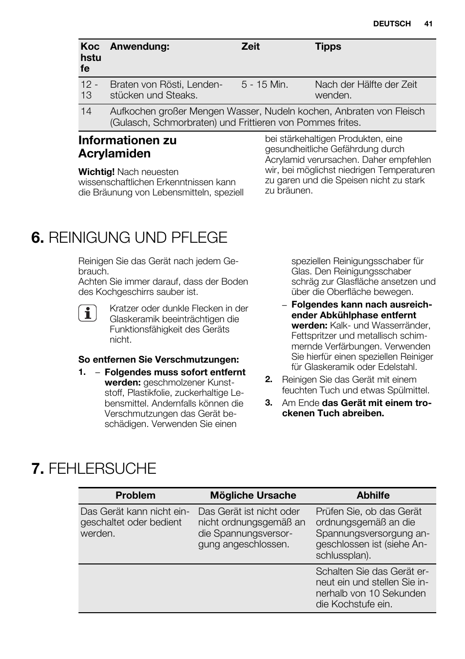 Reinigung und pflege, Fehlersuche, Informationen zu acrylamiden | Electrolux EHF6747FOK User Manual | Page 41 / 76