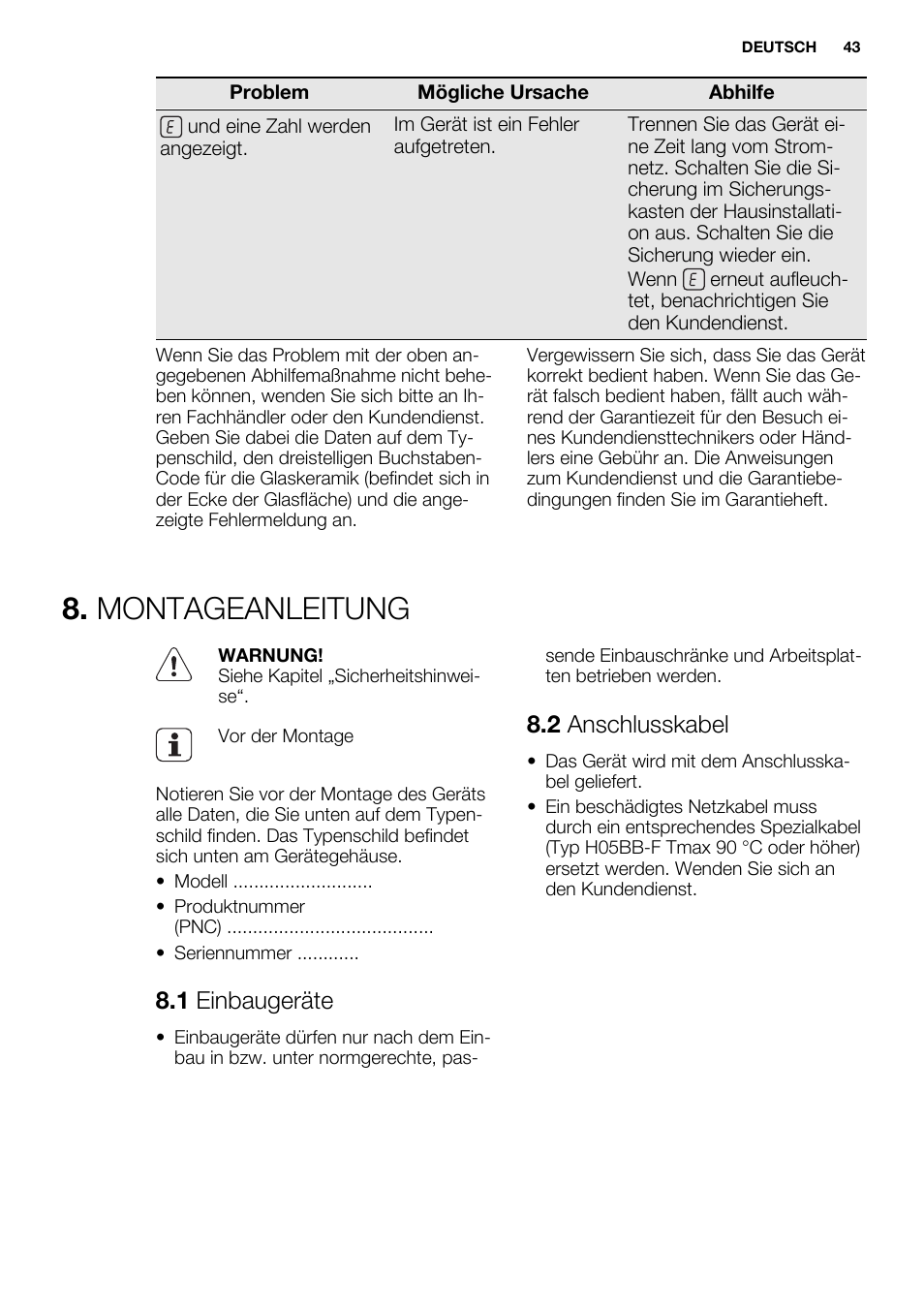 Montageanleitung, 1 einbaugeräte, 2 anschlusskabel | Electrolux EHF6747FOK User Manual | Page 43 / 76