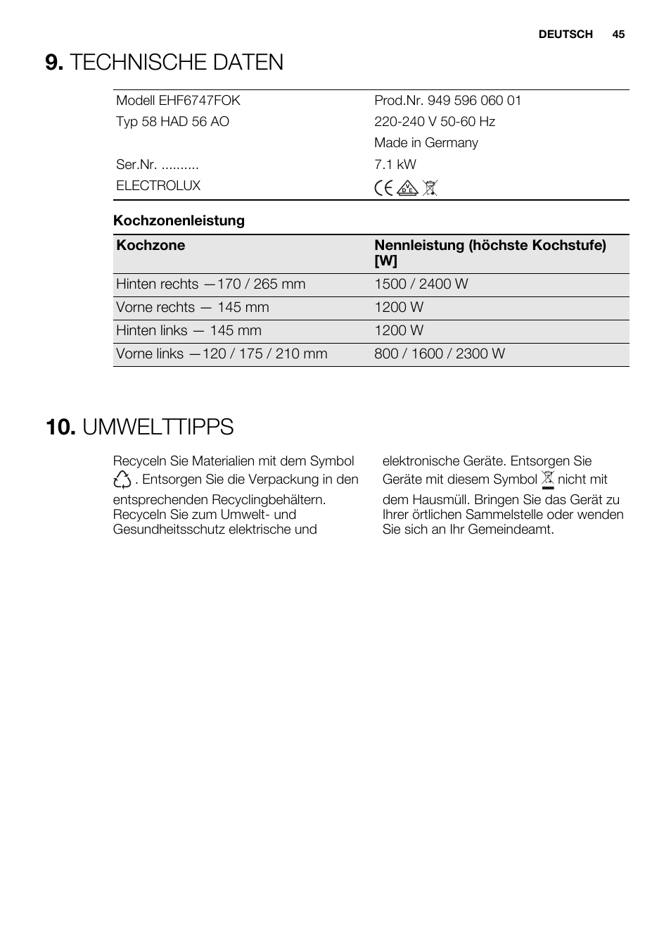 Technische daten, Umwelttipps | Electrolux EHF6747FOK User Manual | Page 45 / 76