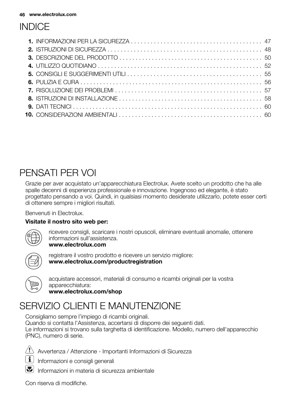 Indice, Pensati per voi, Servizio clienti e manutenzione | Electrolux EHF6747FOK User Manual | Page 46 / 76