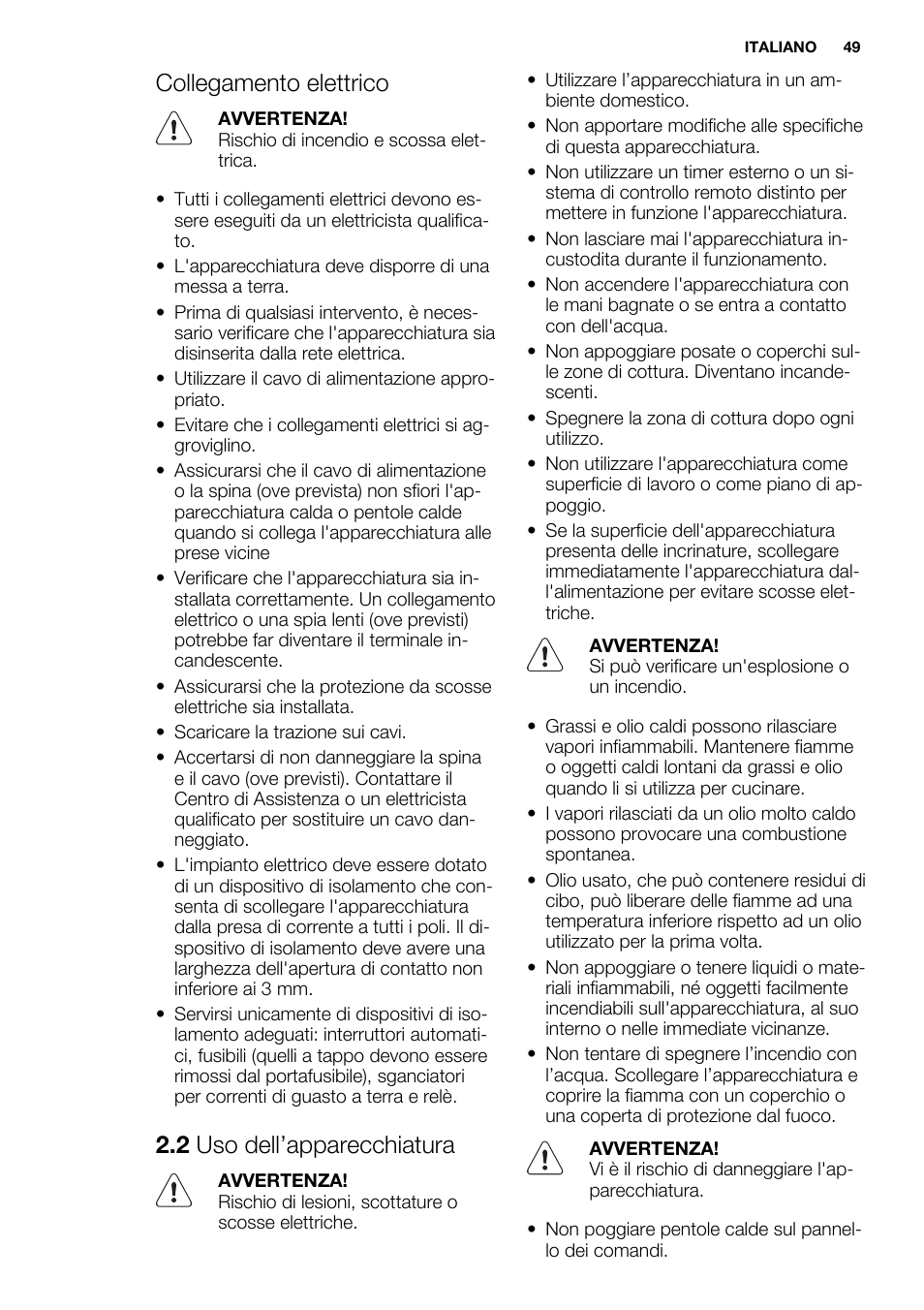 Collegamento elettrico, 2 uso dell’apparecchiatura | Electrolux EHF6747FOK User Manual | Page 49 / 76