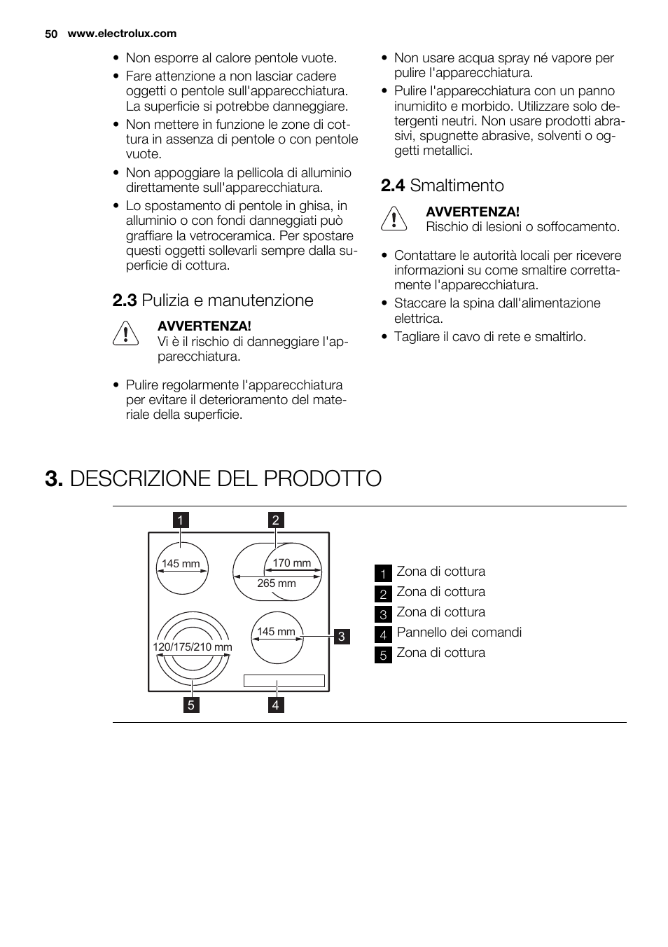 Descrizione del prodotto, 3 pulizia e manutenzione, 4 smaltimento | Electrolux EHF6747FOK User Manual | Page 50 / 76