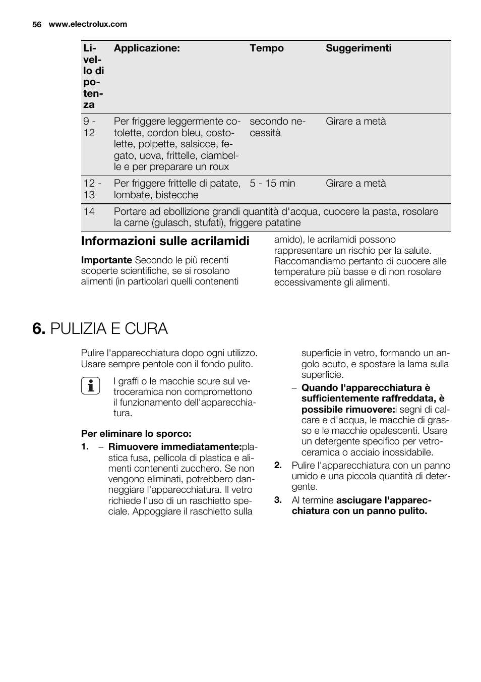 Pulizia e cura, Informazioni sulle acrilamidi | Electrolux EHF6747FOK User Manual | Page 56 / 76