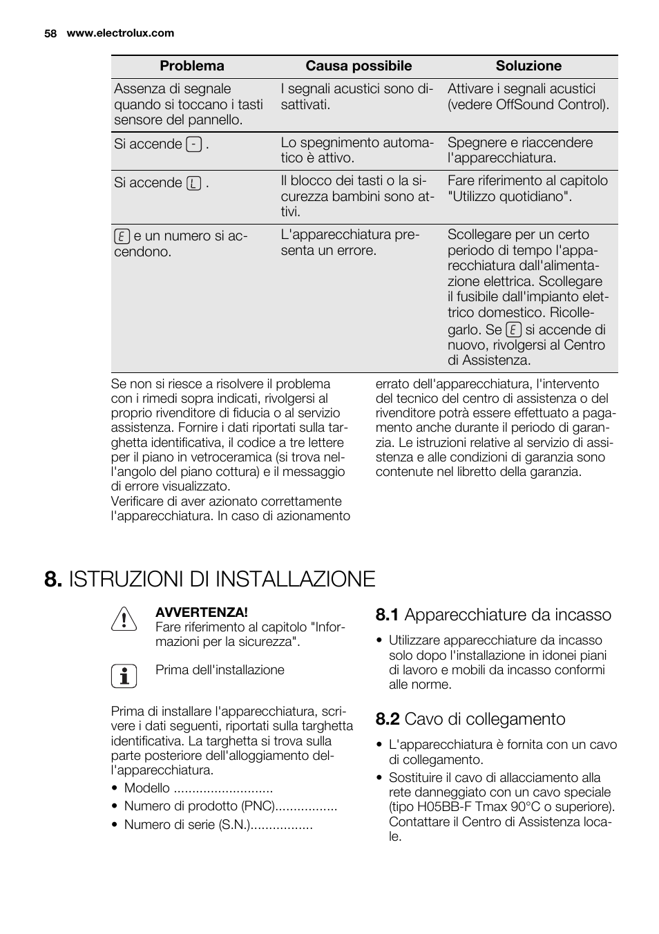 Istruzioni di installazione, 1 apparecchiature da incasso, 2 cavo di collegamento | Electrolux EHF6747FOK User Manual | Page 58 / 76