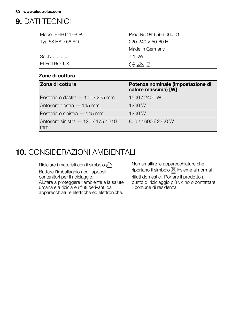 Dati tecnici, Considerazioni ambientali | Electrolux EHF6747FOK User Manual | Page 60 / 76