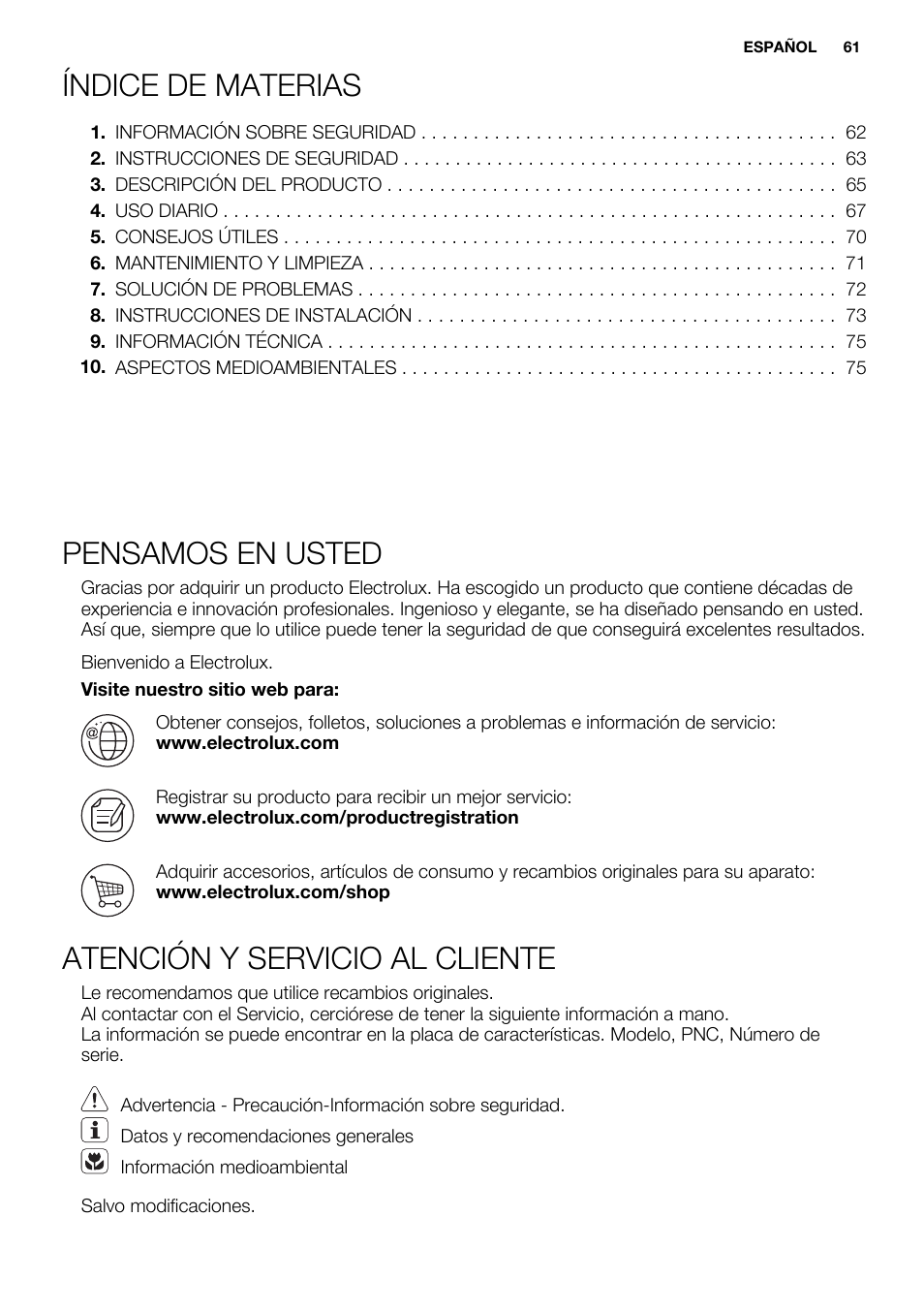 Índice de materias, Pensamos en usted, Atención y servicio al cliente | Electrolux EHF6747FOK User Manual | Page 61 / 76