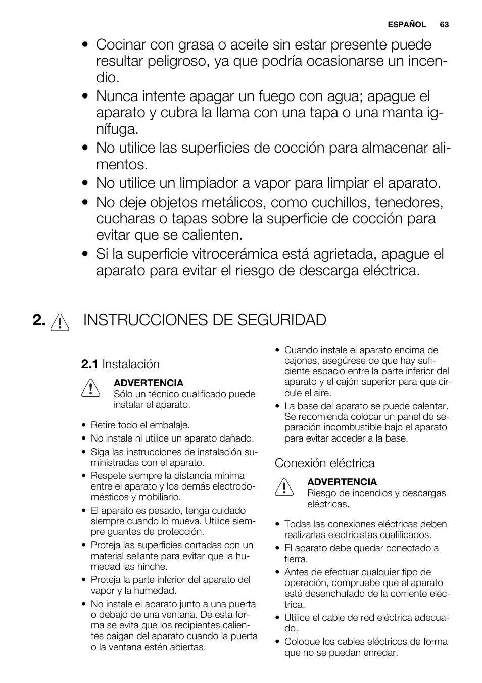 Instrucciones de seguridad | Electrolux EHF6747FOK User Manual | Page 63 / 76