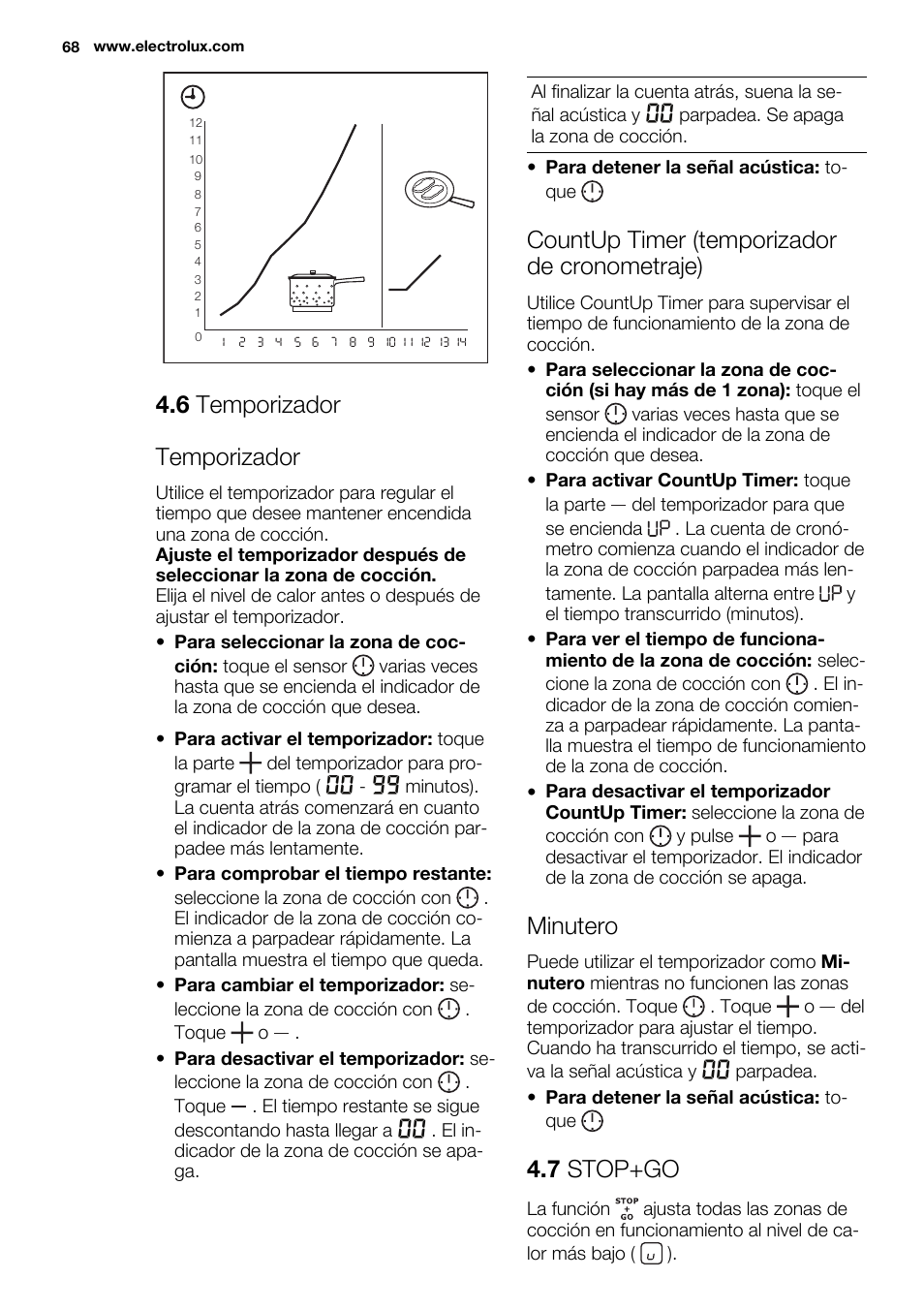 6 temporizador temporizador, Countup timer (temporizador de cronometraje), Minutero | 7 stop+go | Electrolux EHF6747FOK User Manual | Page 68 / 76
