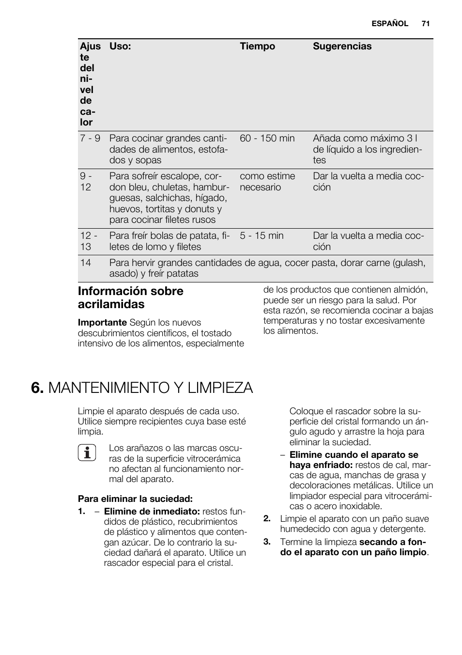 Mantenimiento y limpieza, Información sobre acrilamidas | Electrolux EHF6747FOK User Manual | Page 71 / 76
