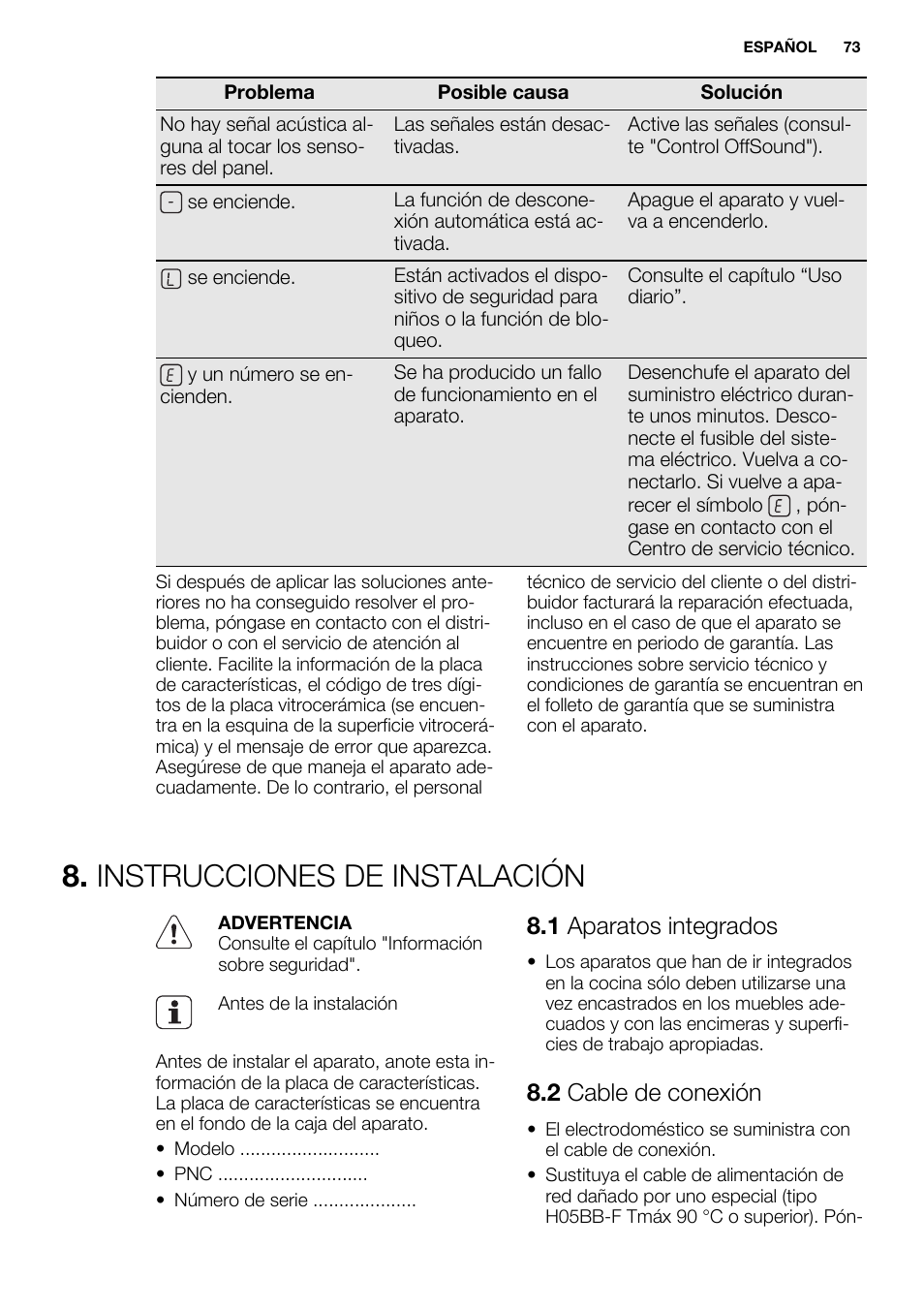 Instrucciones de instalación, 1 aparatos integrados, 2 cable de conexión | Electrolux EHF6747FOK User Manual | Page 73 / 76